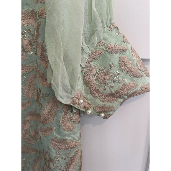 Agha Noor Embroidered Pearl Accents Chiffon Light Green Pistachio Top Sz Medium - Picture 7 of 10